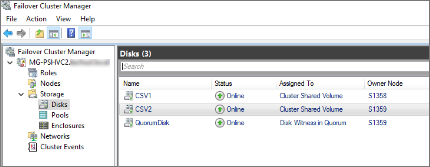 Failover Cluster Manager UI, with the object tree in the left pane expanded to the Disks object, with three cluster disk objects shown in the right pane. 