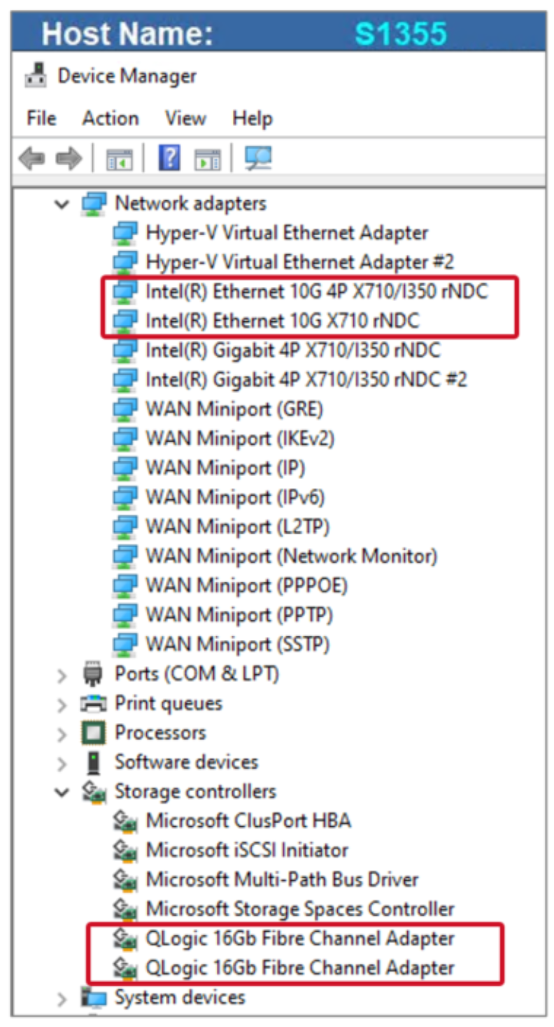 Windows Server Device Manager UI, with the object tree expanded to show the network adapters and storage controllers. Callouts show that the host has two Ethernet NICs, and two Fibre Channel HBAs. 