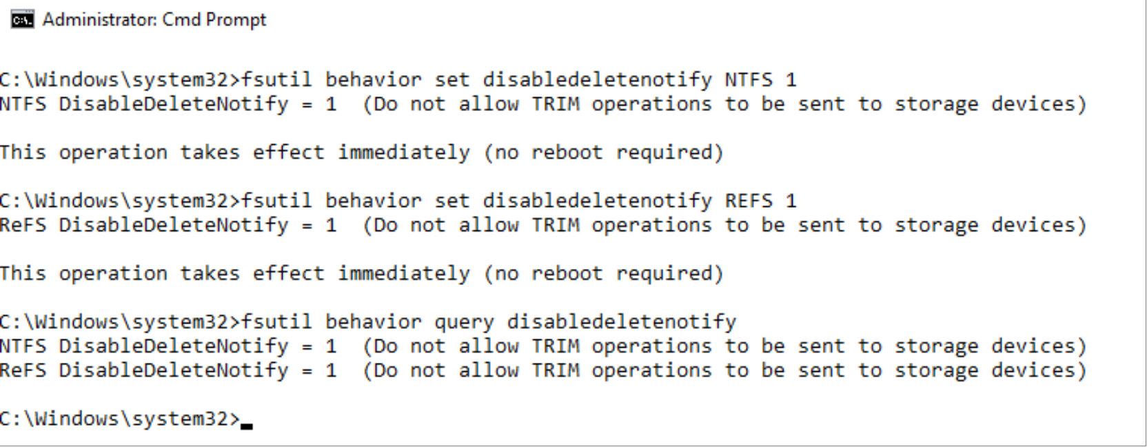 The DisableDeleteNotify command is used to disable TRIM/UNMAP for NTFS and ReFS volumes.