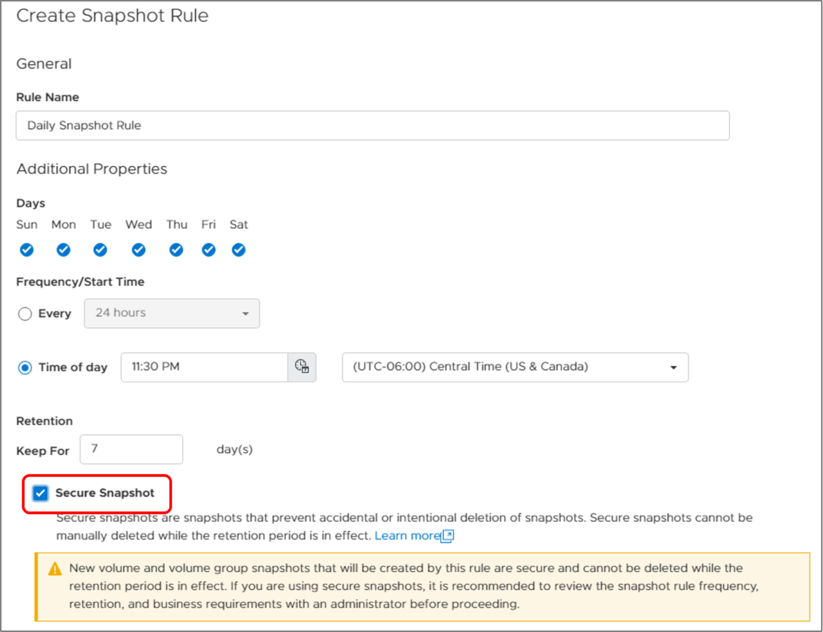 Create Snapshot Rule wizard in the PowerStore Manager UI. A callout shows that for the Daily Snapshot Rule, the Secure Snapshot option is selected. 