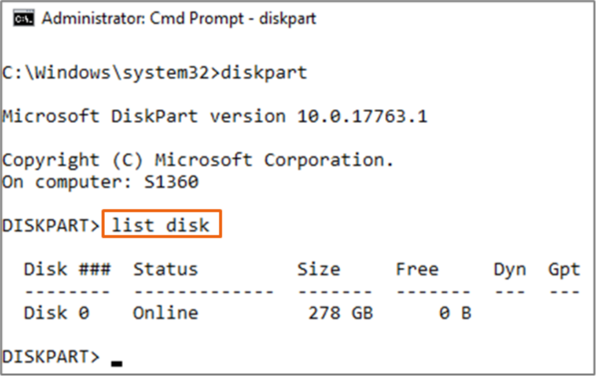 The command Diskpart > List Disk is used to display the current disk information for a host. 