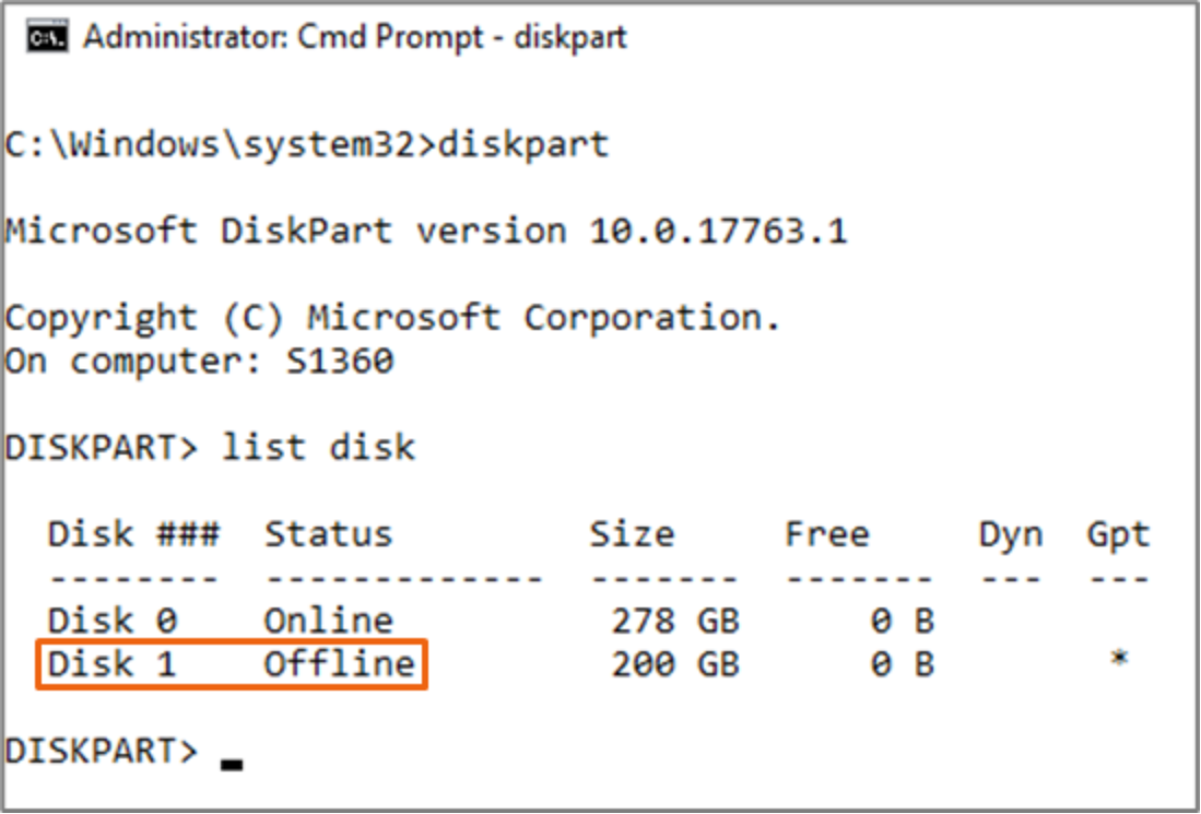 The command Diskpart > List Disk is used to display the current disk information for a host.  A callout shows Disk 1 added to the host. 