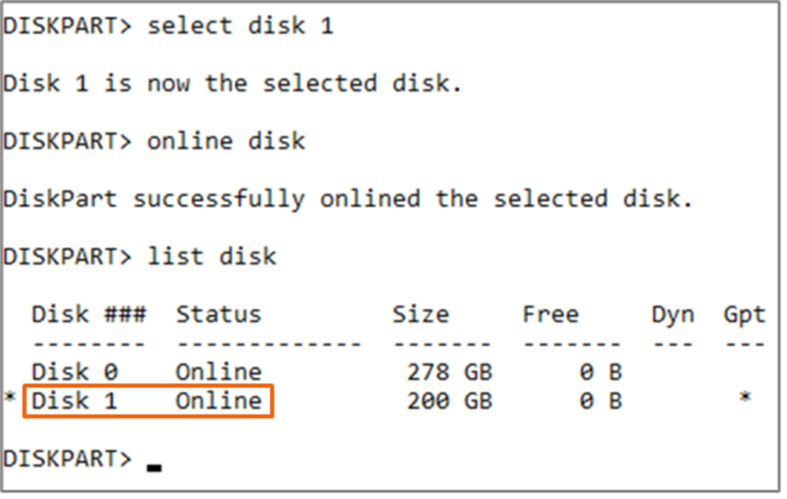 Diskpart > List Disk is used to display the current disk information for a host.  A callout shows Disk 1 is online after running the command Online Disk. 