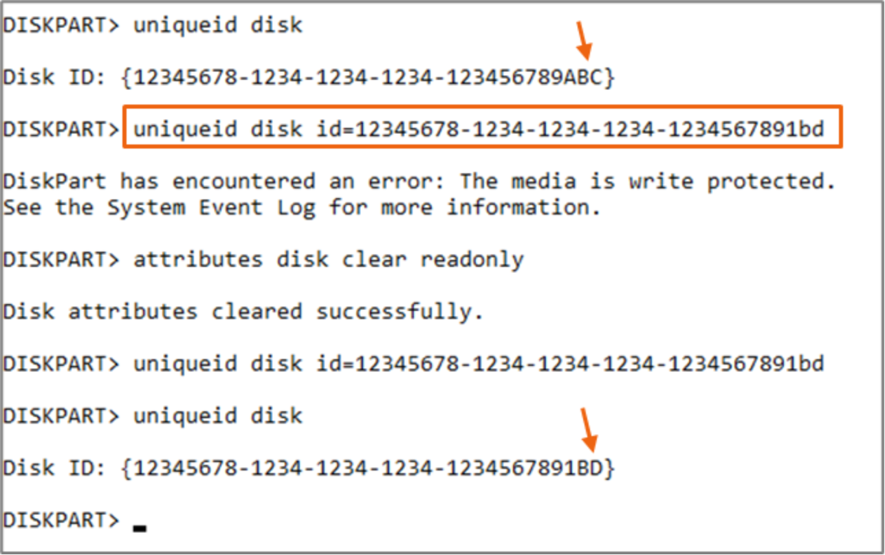 A callout and two arrows show that the disk ID for a new disk is changed to avoid a Disk ID conflict. 