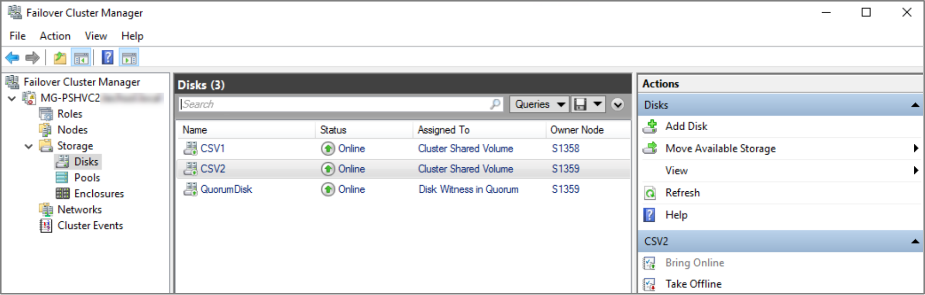 Failover Cluster Manager. A new cluster shared volume named CSV2 is added to a cluster, as viewed from under the Disk object in the tree on the left. 