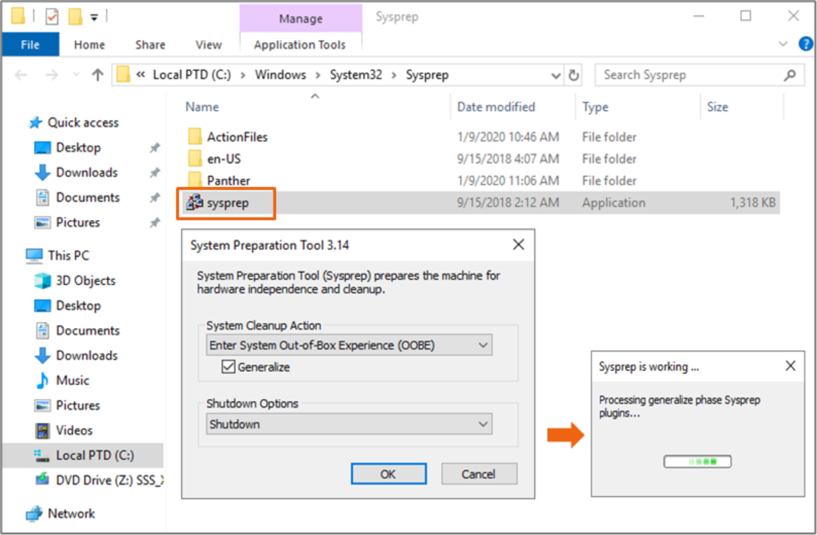 The Sysprep.exe tool under C:\Windows > System32 is run with the OOBE and Shutdown options selected. 