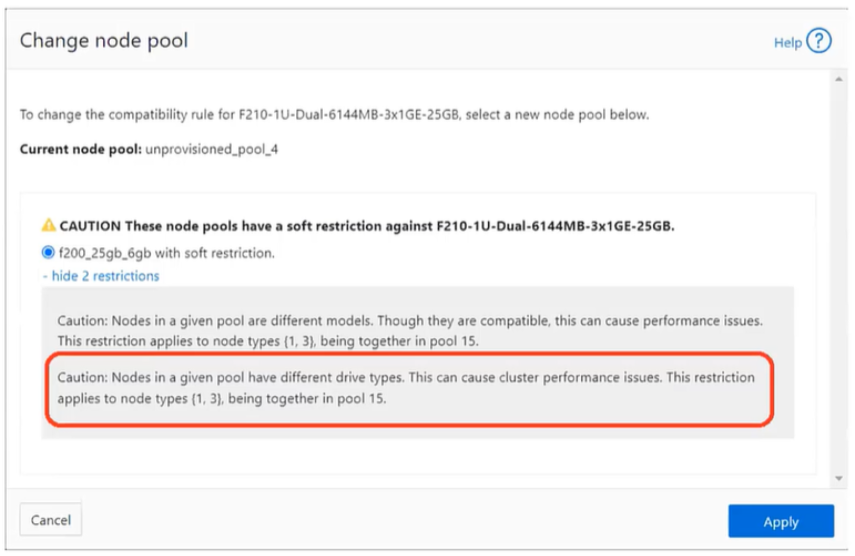 A screenshot of the PowerScale WebUI displaying the F210 node pool soft restriction.