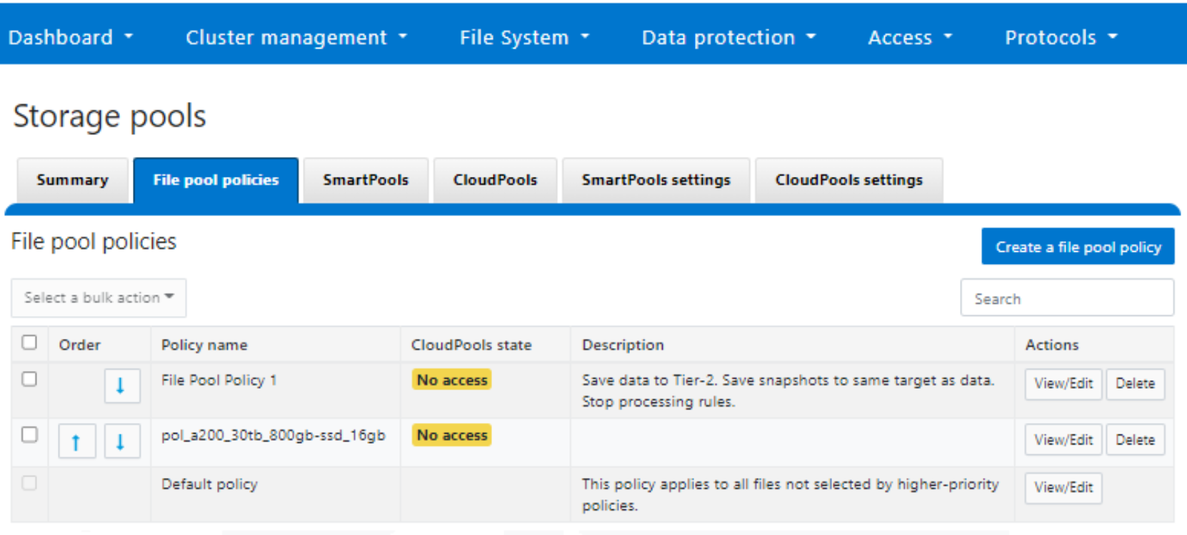 SmartPools WebUI screenshot showing an example file pool policy.