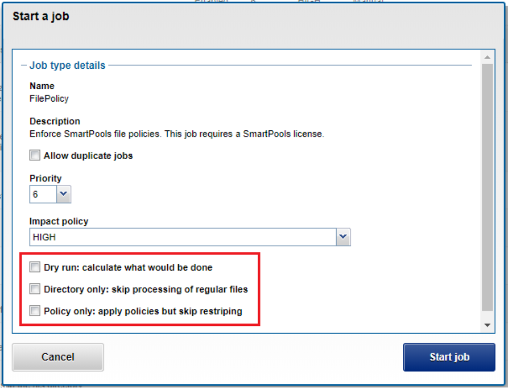 Job Engine WebUI screenshot showing FilePolicy job mode selection.