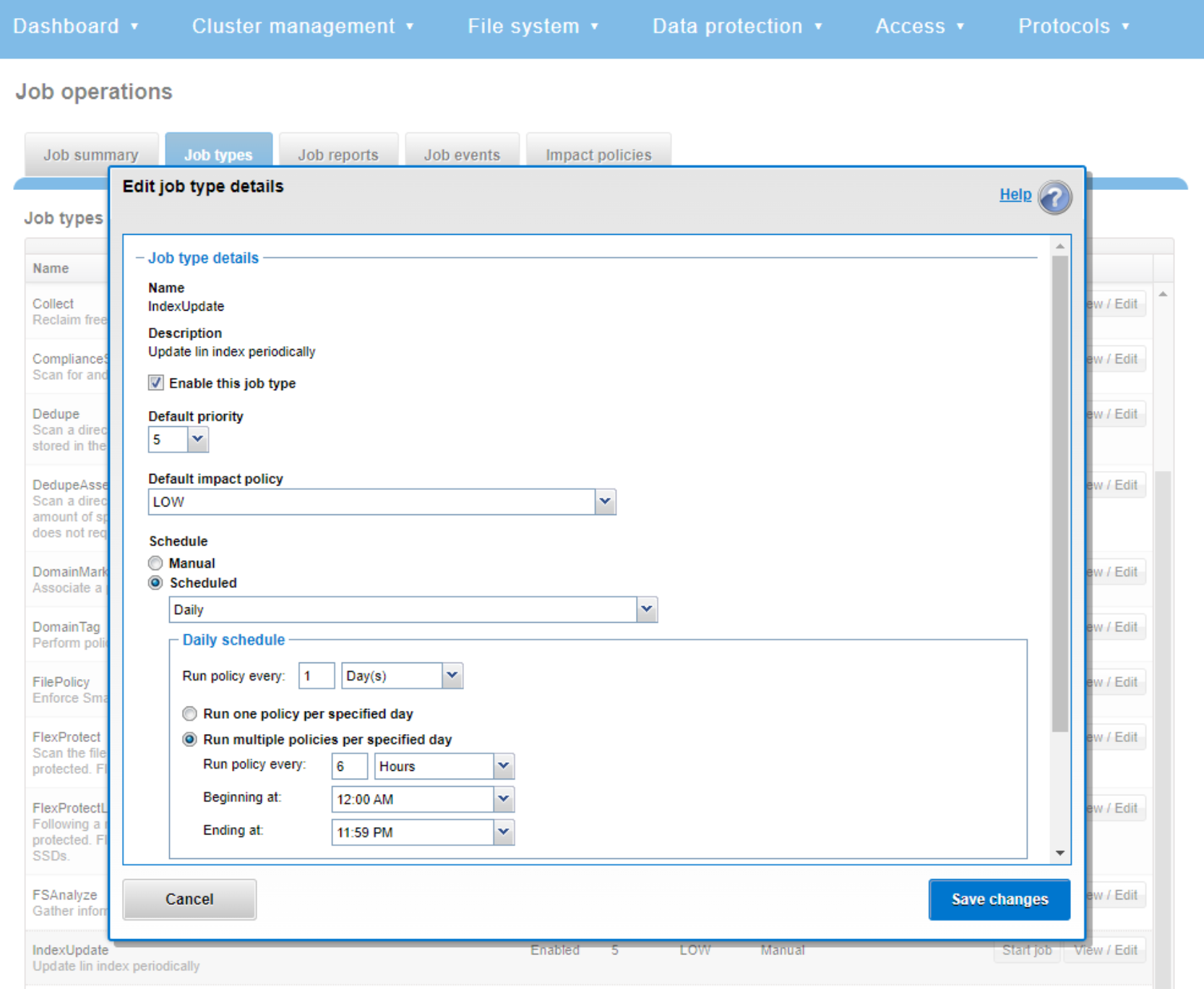 Job Engine WebUI screenshot showing IndexUpdate job schedule configuration.