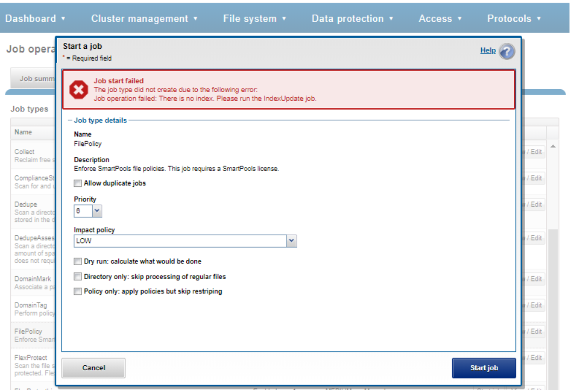 Job Engine WebUI screenshot showing FilePolicy job error message and prompt to first run IndexUpdate.