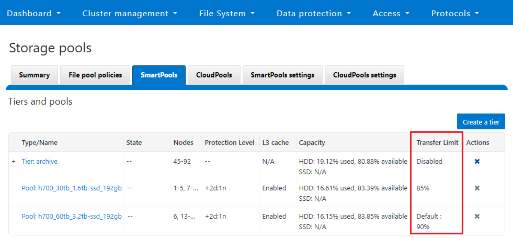 SmartPools WebUI screenshot showing tier and node pools transfer limits configuration.