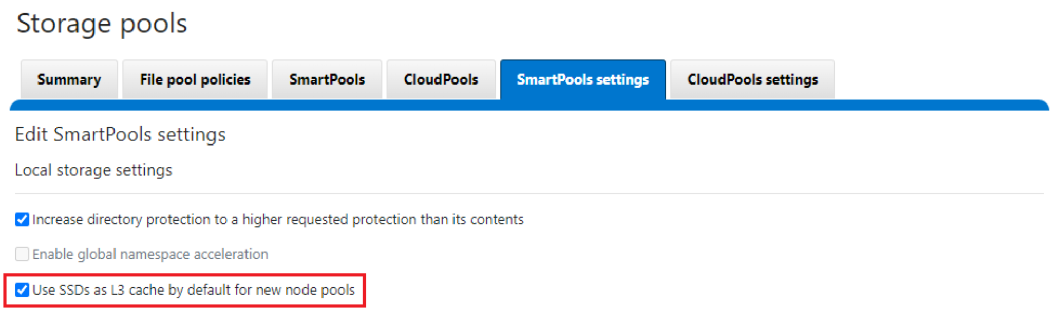 SmartPools WebUI screenshot showing L3 caching default configuration for new nodepools.