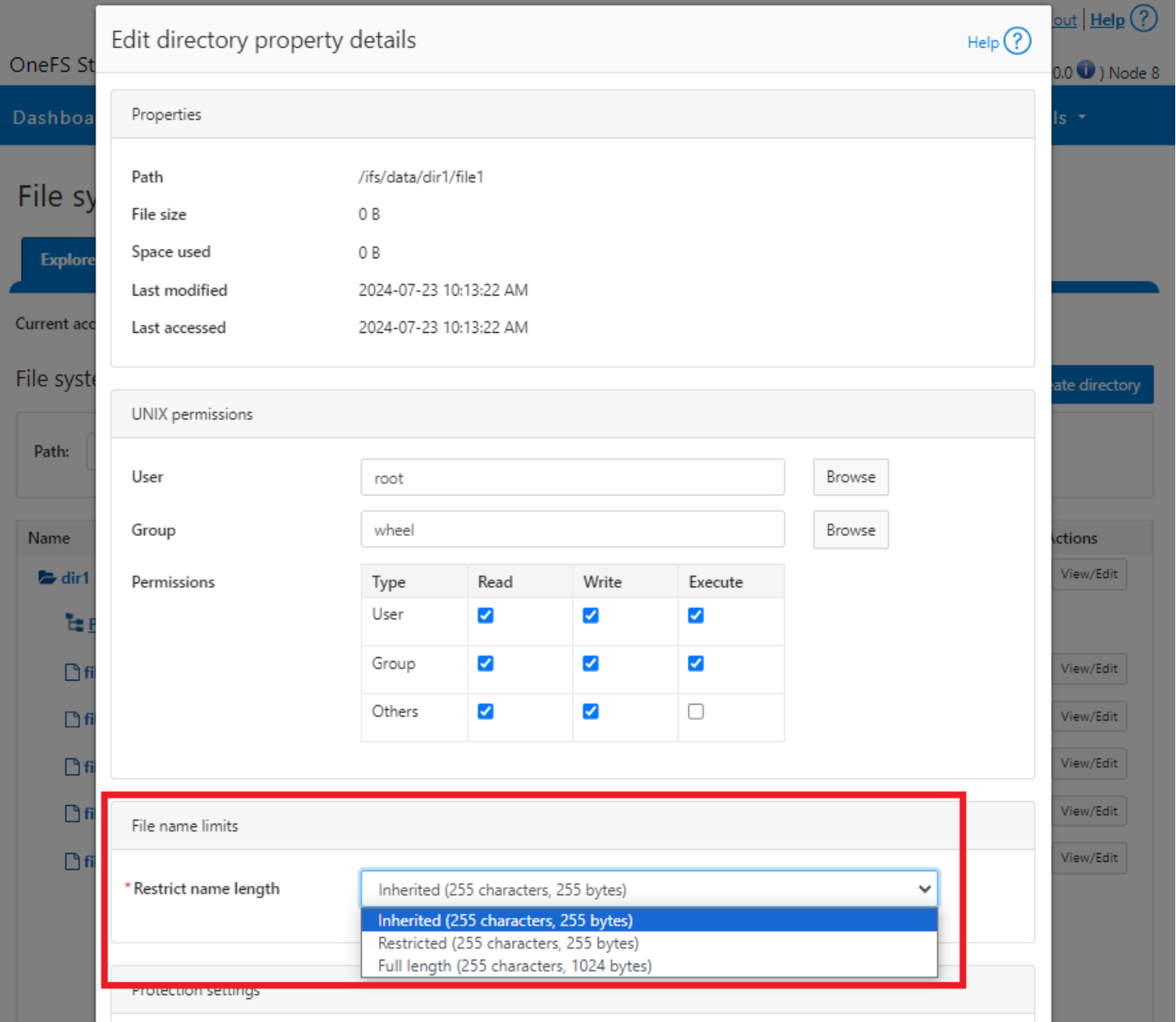 Screenshot showing file system explorer filename limits configuration.