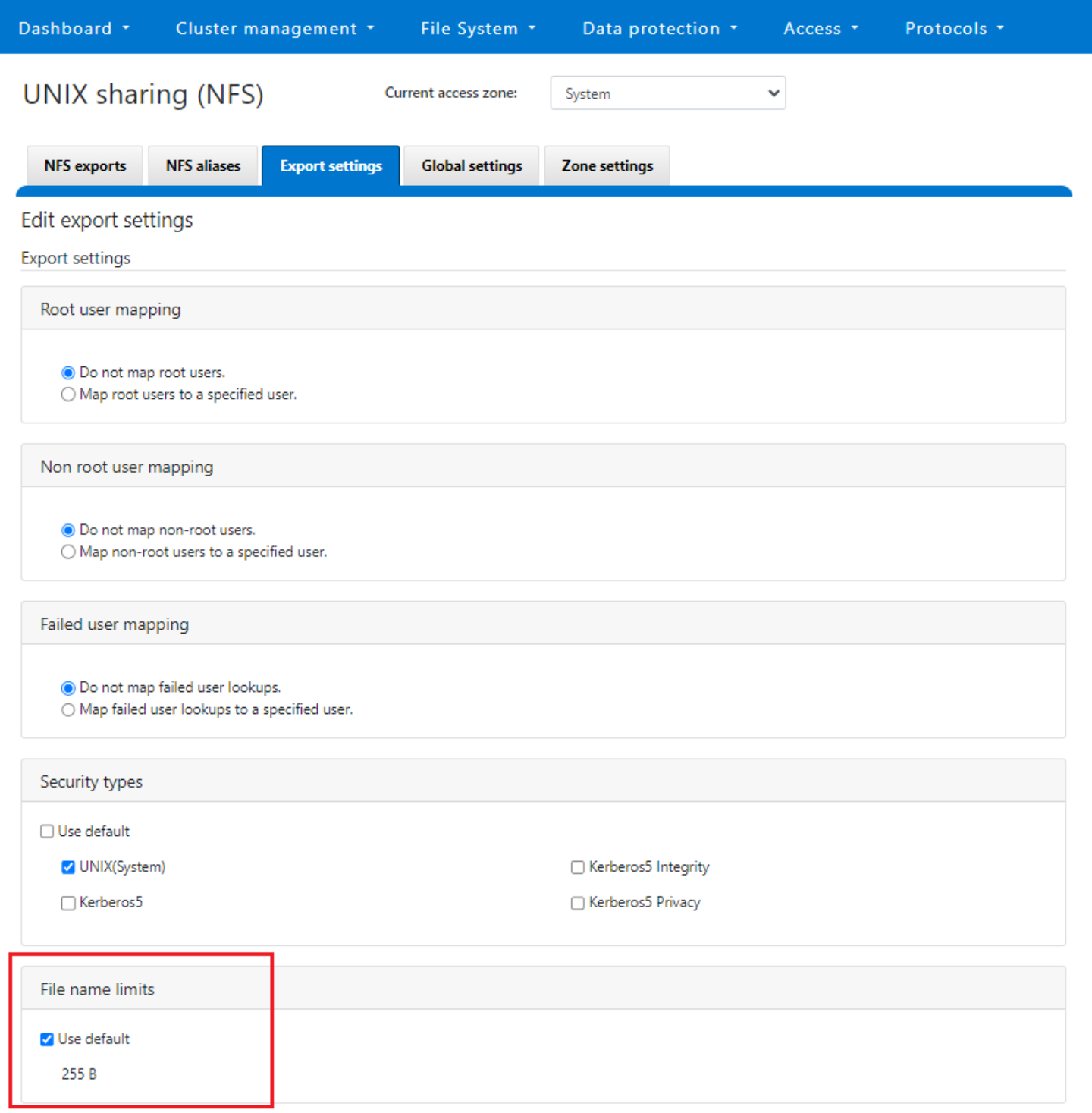 Screenshot showing OneFS NFS exports configuration with the File name limits section with 255 B highlighted in red.