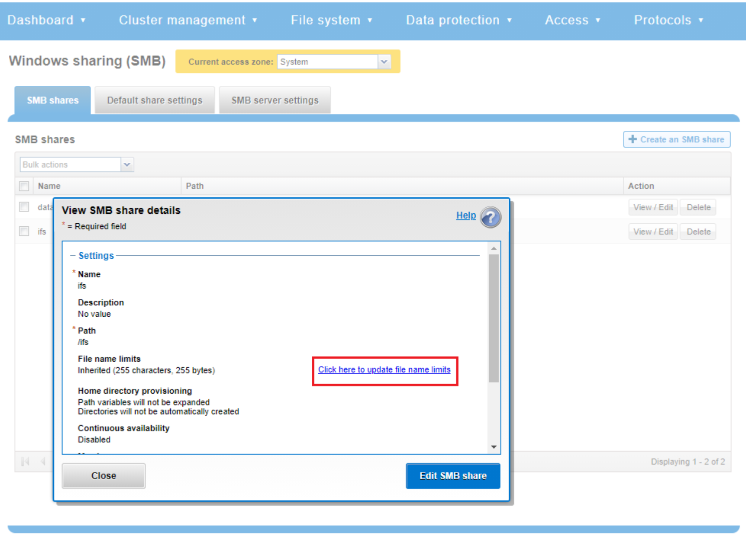 Screenshot of OneFS SMB share configuration with a link to update file name limits highlighted in red