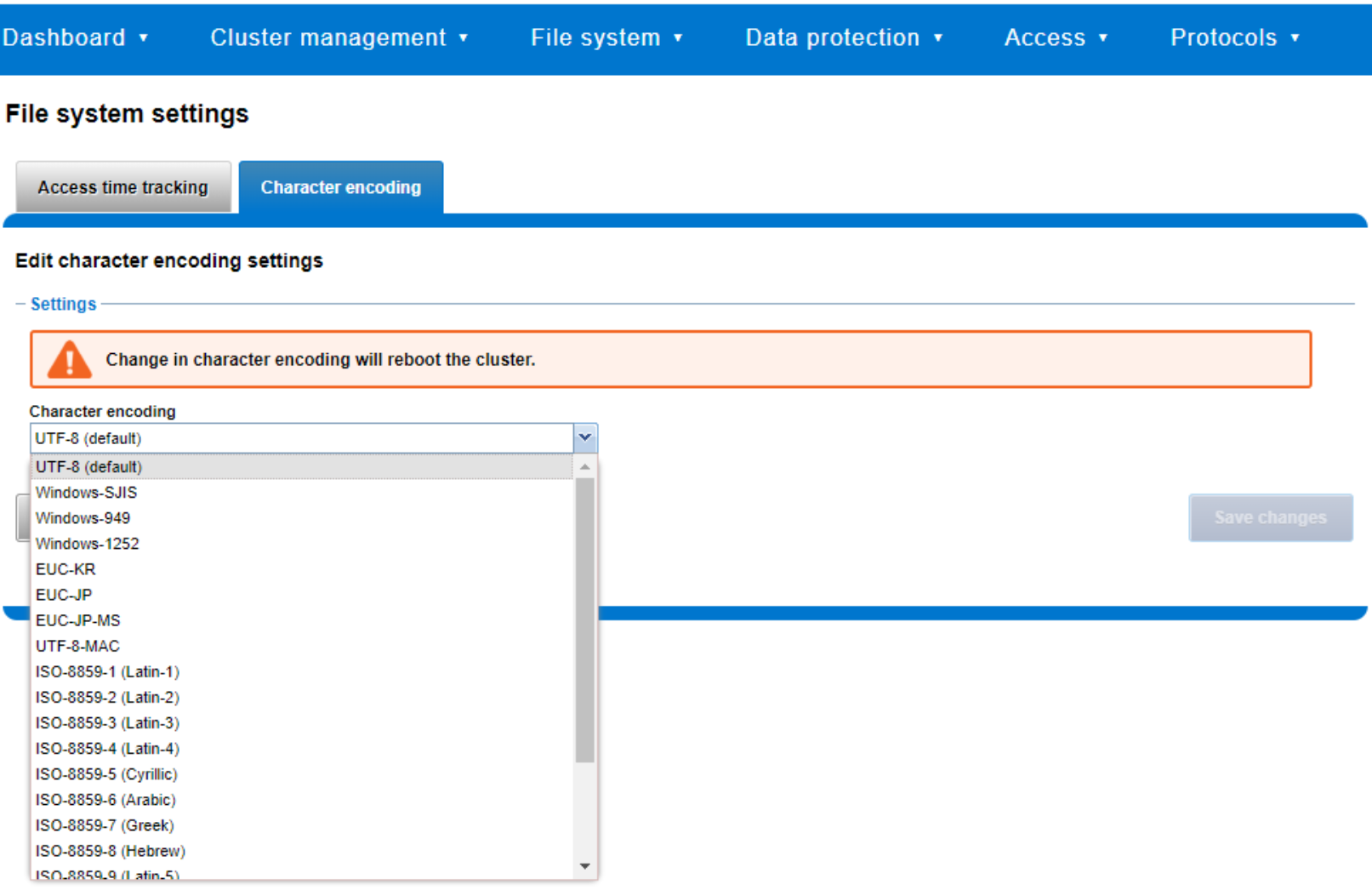 OneFS character configuration screenshot.