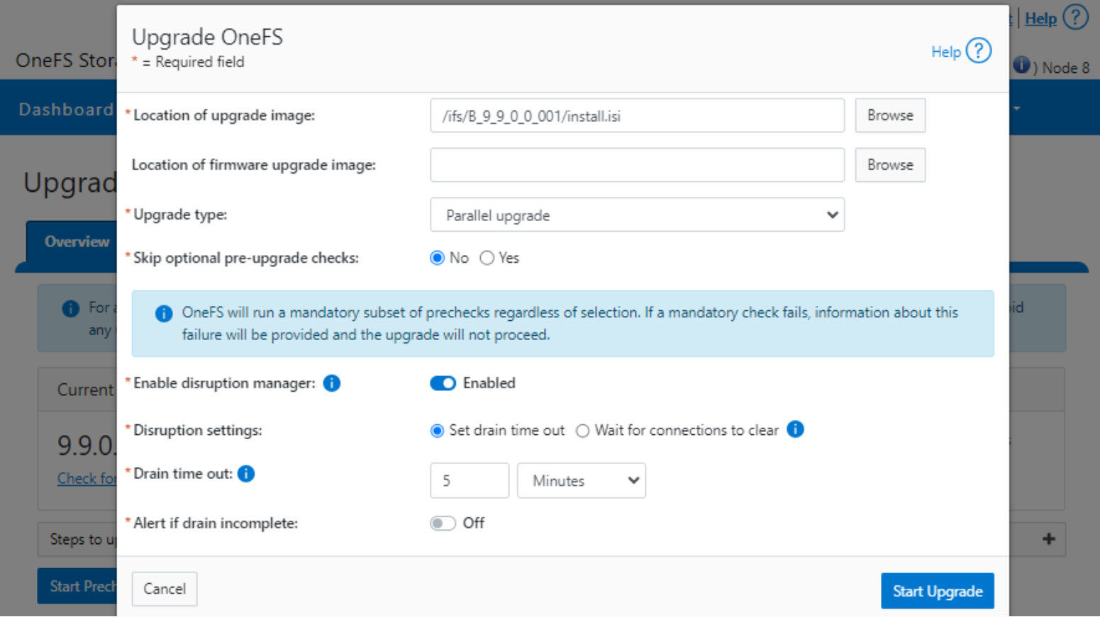 Screenshot of upgrade process of OneFS using WebUI with parallel upgrade selected.