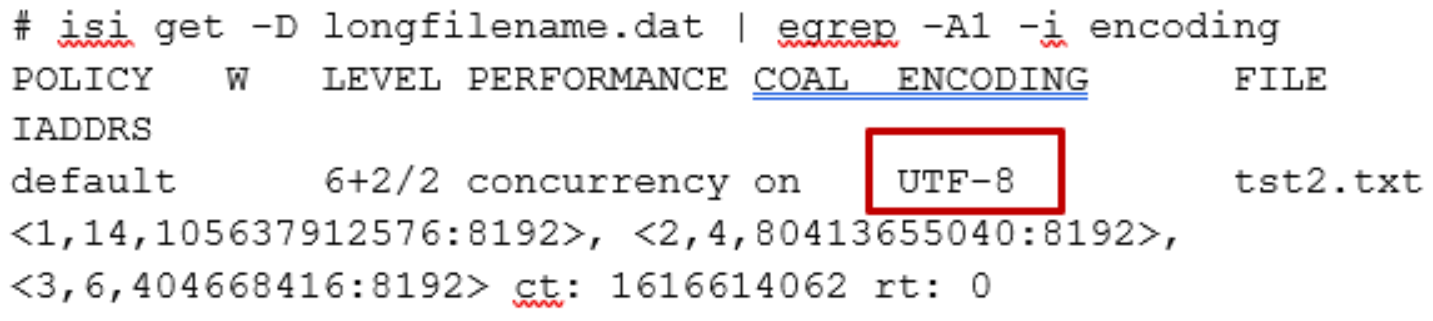 Sample output from the OneFS 'isi get' CLI command reporting a file's character encoding. 