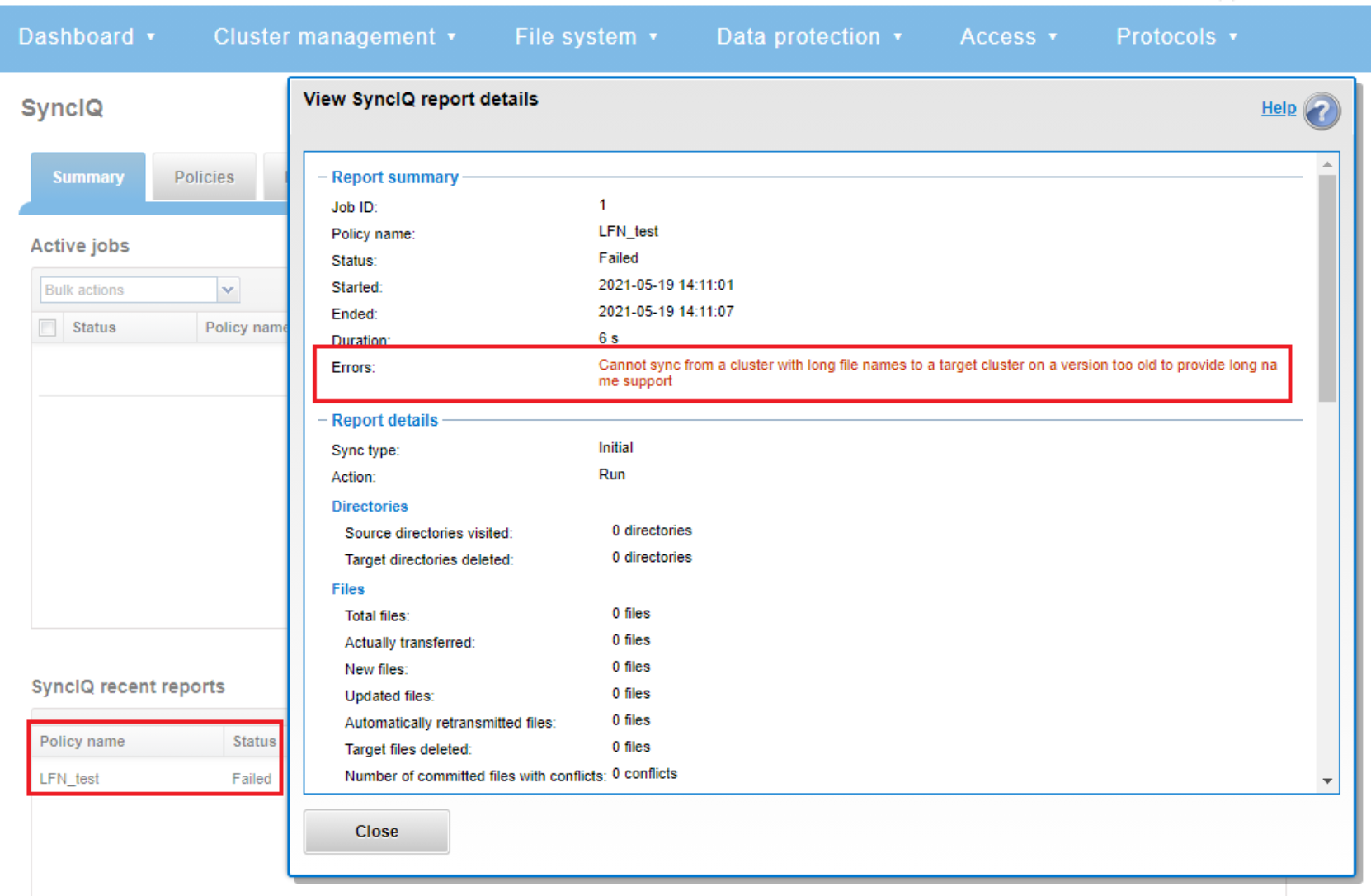 Screenshot of OneFS long filename failure across SyncIQ replication environment.