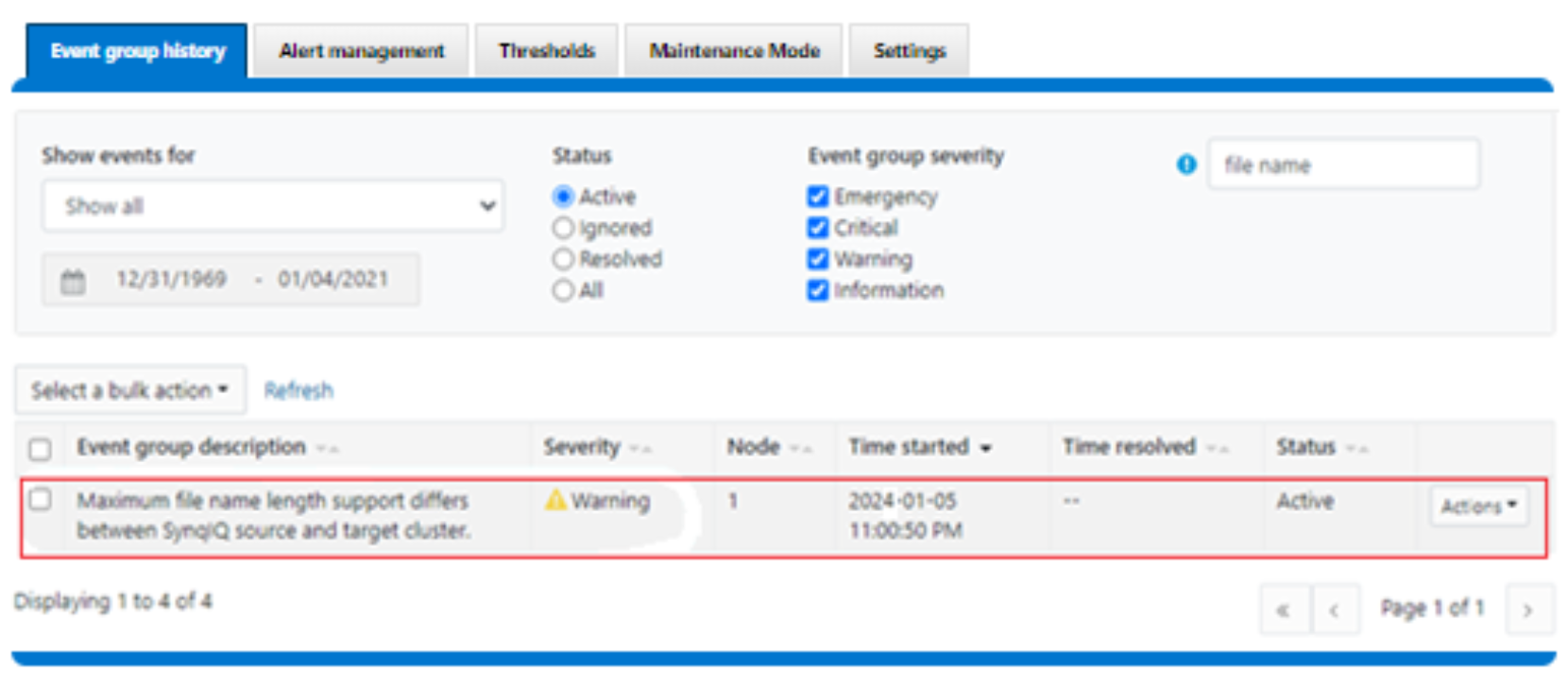 OneFS CELOG SyncIQ replication alert for long filename incompatibility failure.