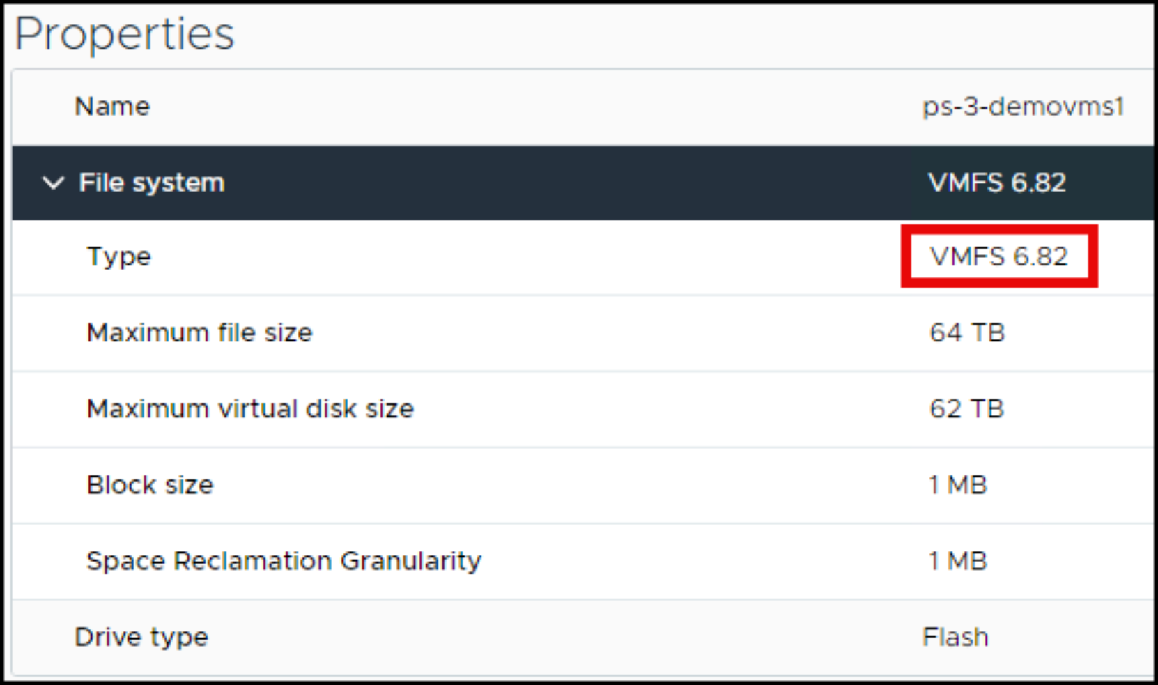 Datastore properties. Type is VMFS 6.82.