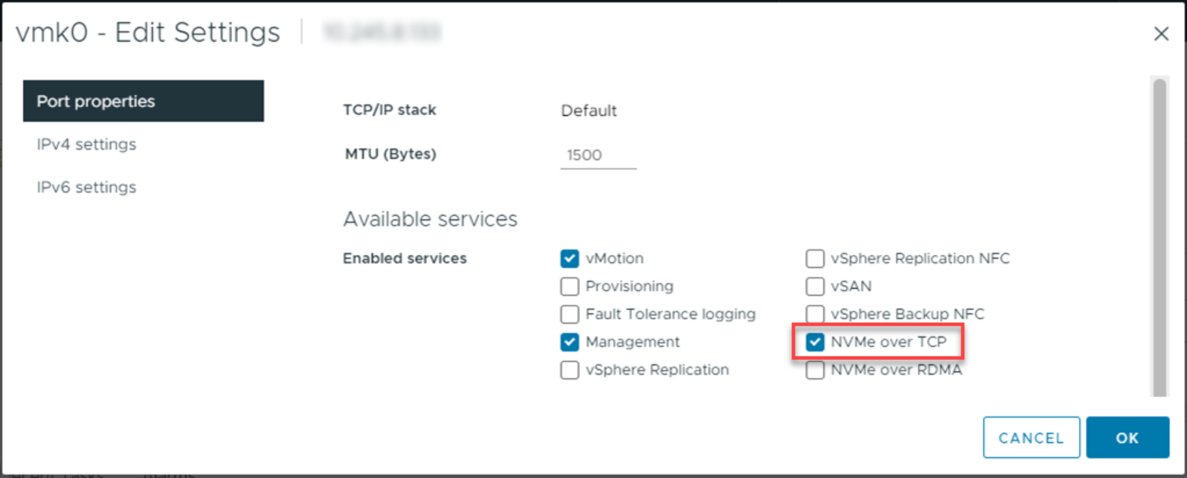 VMkernel port 0 properties. The NVMe over TCP box is checked.