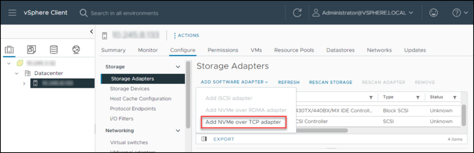 Workflow to add NVMe over TCP adapter in the vSphere Client.