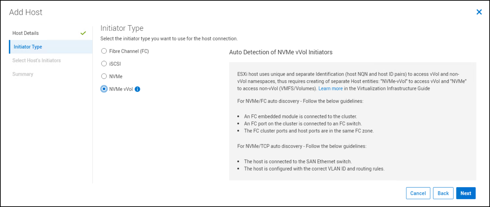 Workflow to add NVMe over TCP adapter in the vSphere Client. Initiator Type NVMe vVol is selected.