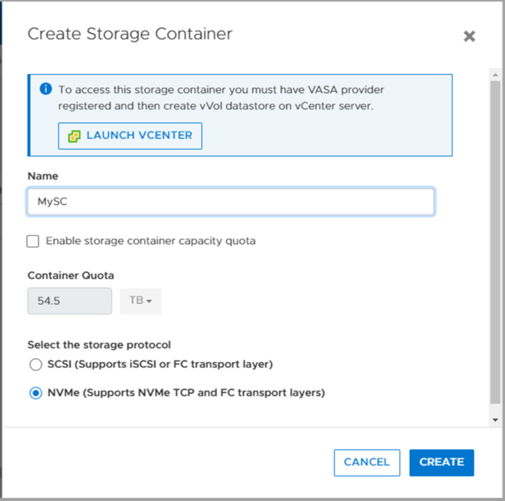 Creation of an NVMe based vVol Storage Container using PowerStore Manager