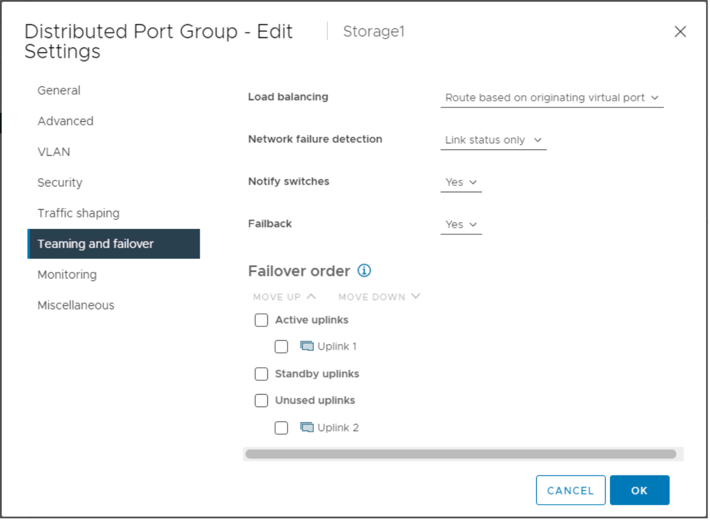 Distributed Switch port group Teaming and failover settings in the vSphere Client. Uplink 1 is active. Uplink 2 is unused.