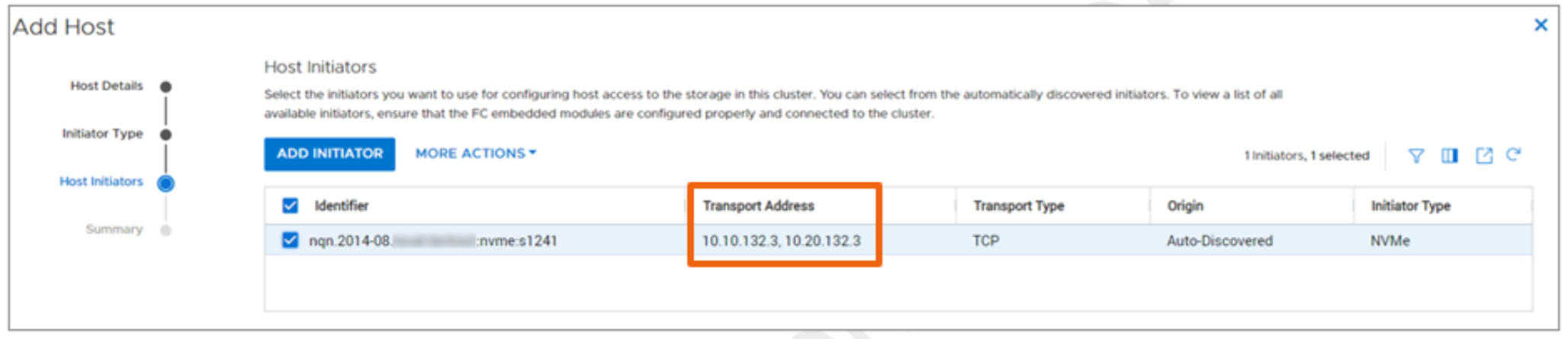 Add Host and add NVMe/TCP initiator workflow in PowerStore Manager.