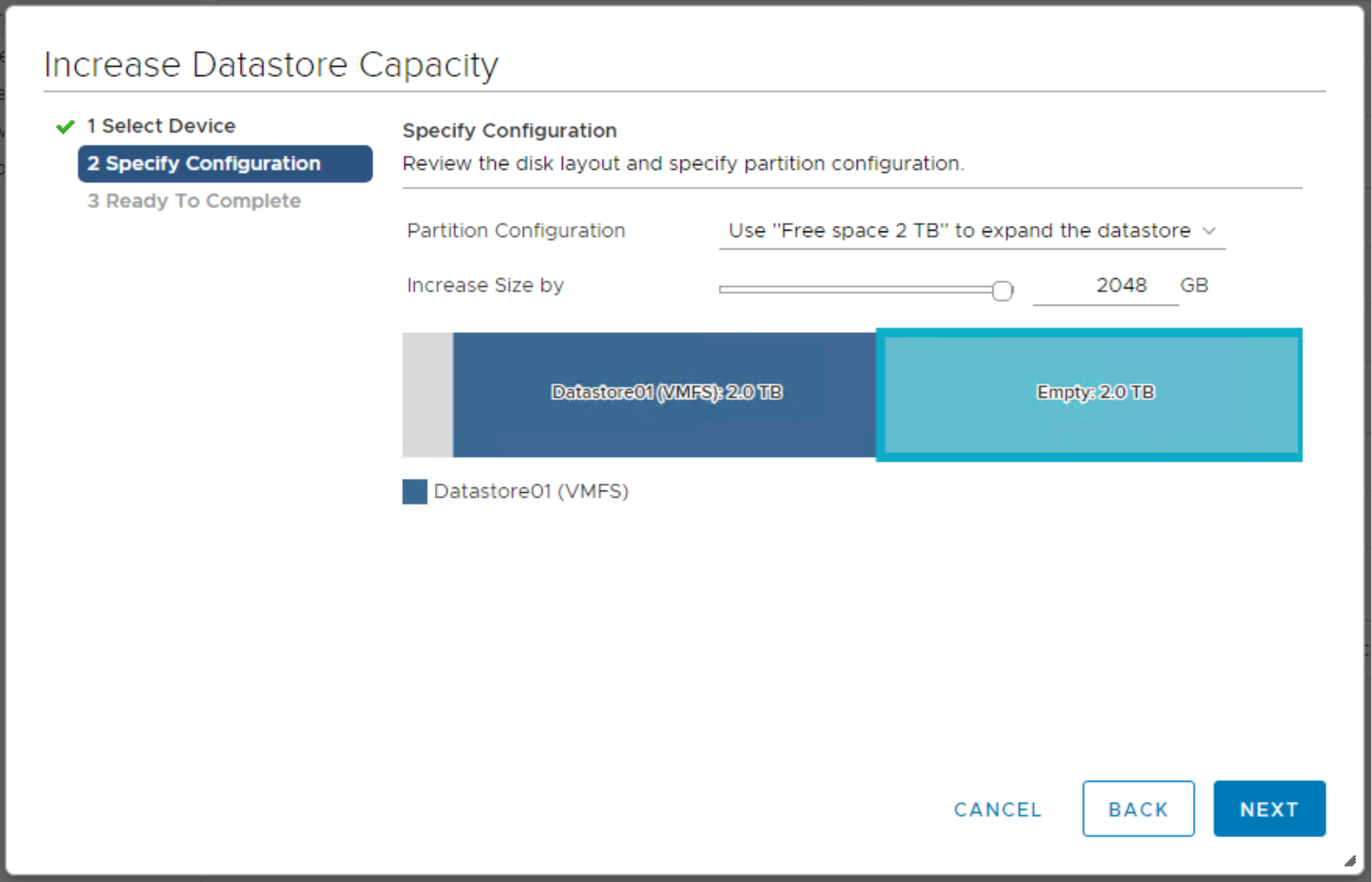 Increase Datastore Capacity workflow in the vSphere Client.