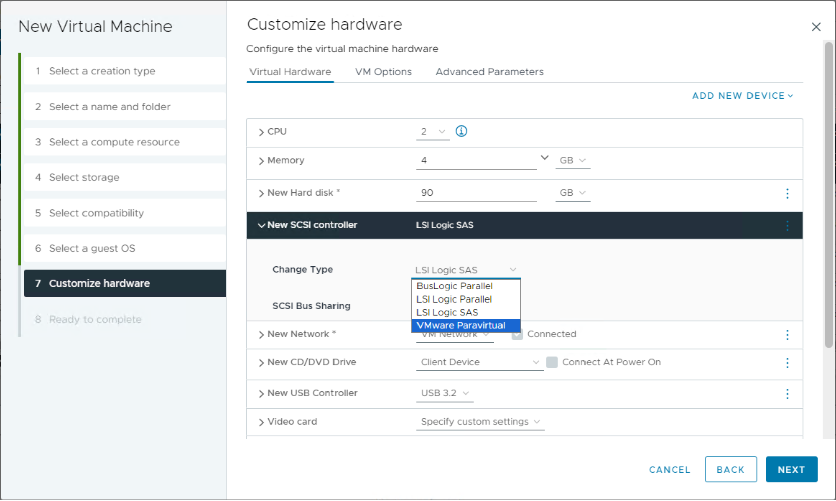 New Virtual Machine workflow. New SCSI controller Change Type pulldown shows VMware Paravirtual selected.