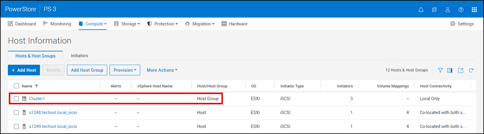 PowerStore Manager Host & Host Groups Cluster1 Host Group