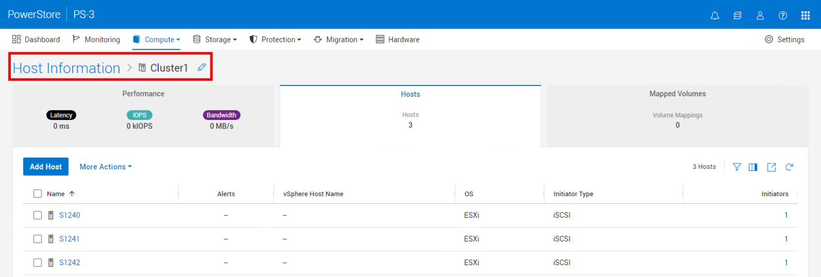 PowerStore Manager Host Group with three ESXi host members.