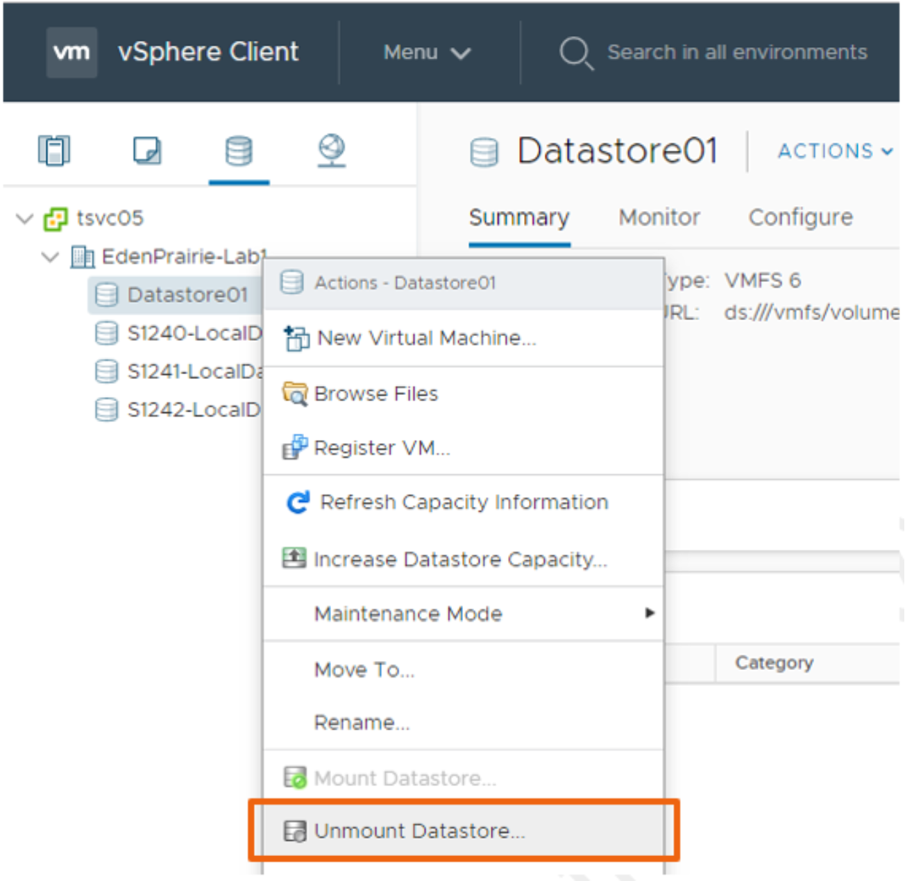 vSphere Client Unmount Datastore menu option.