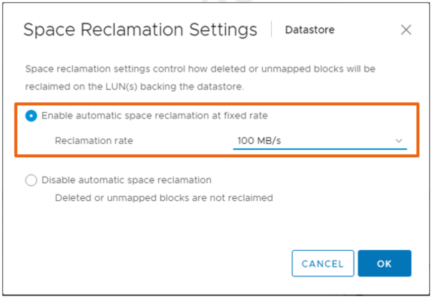 vSphere Client Datastore Space Reclamation Settings property sheet. Reclamation rate 100 MB/s.