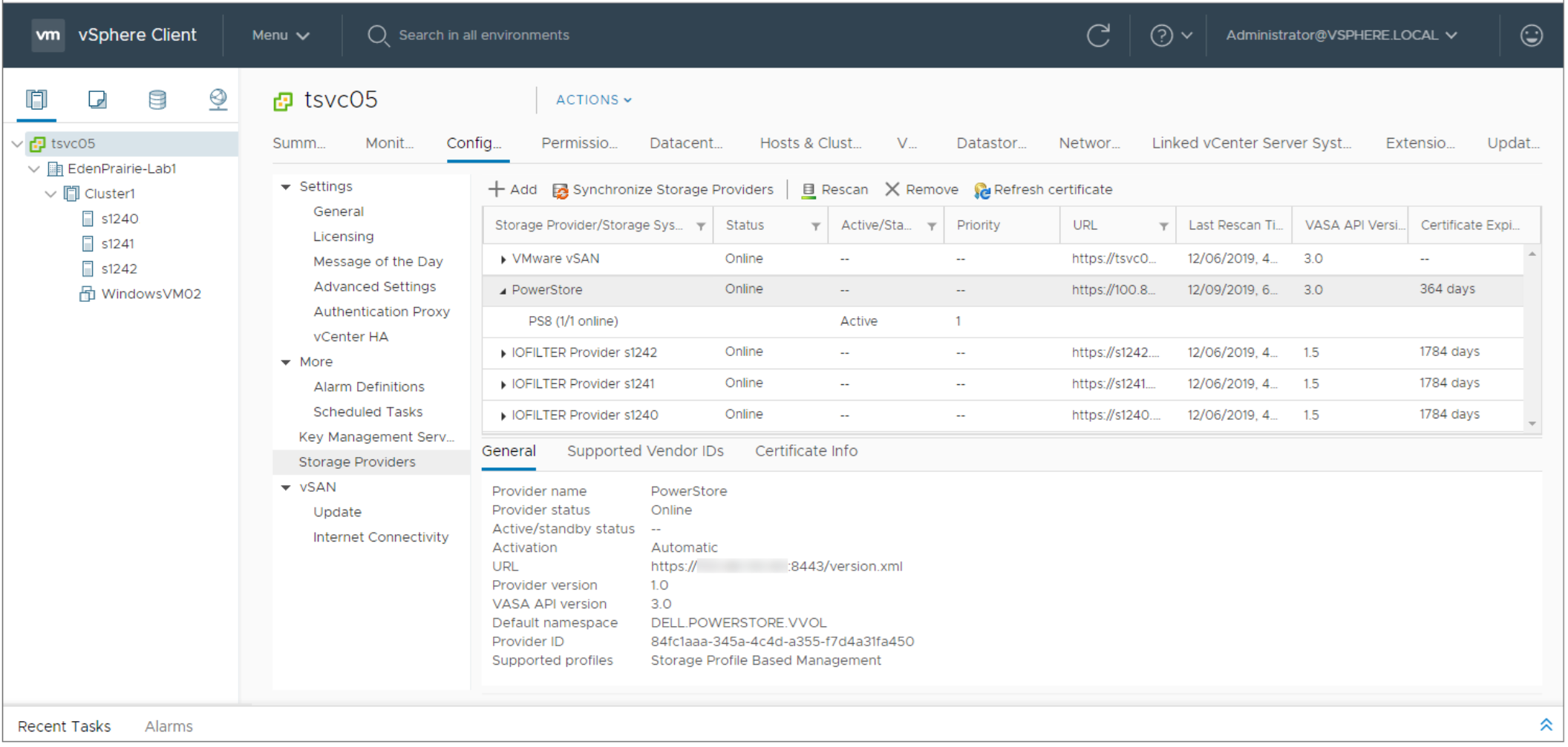 vSphere Client showing a list of registered Storage Providers including PowerStore.