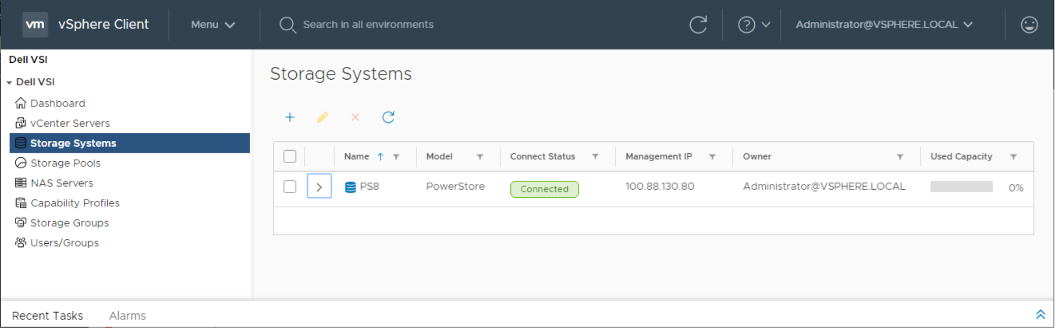 vSphere Client showing the Dell PowerStore Virtual Storage Integrator (VSI) plug-in.