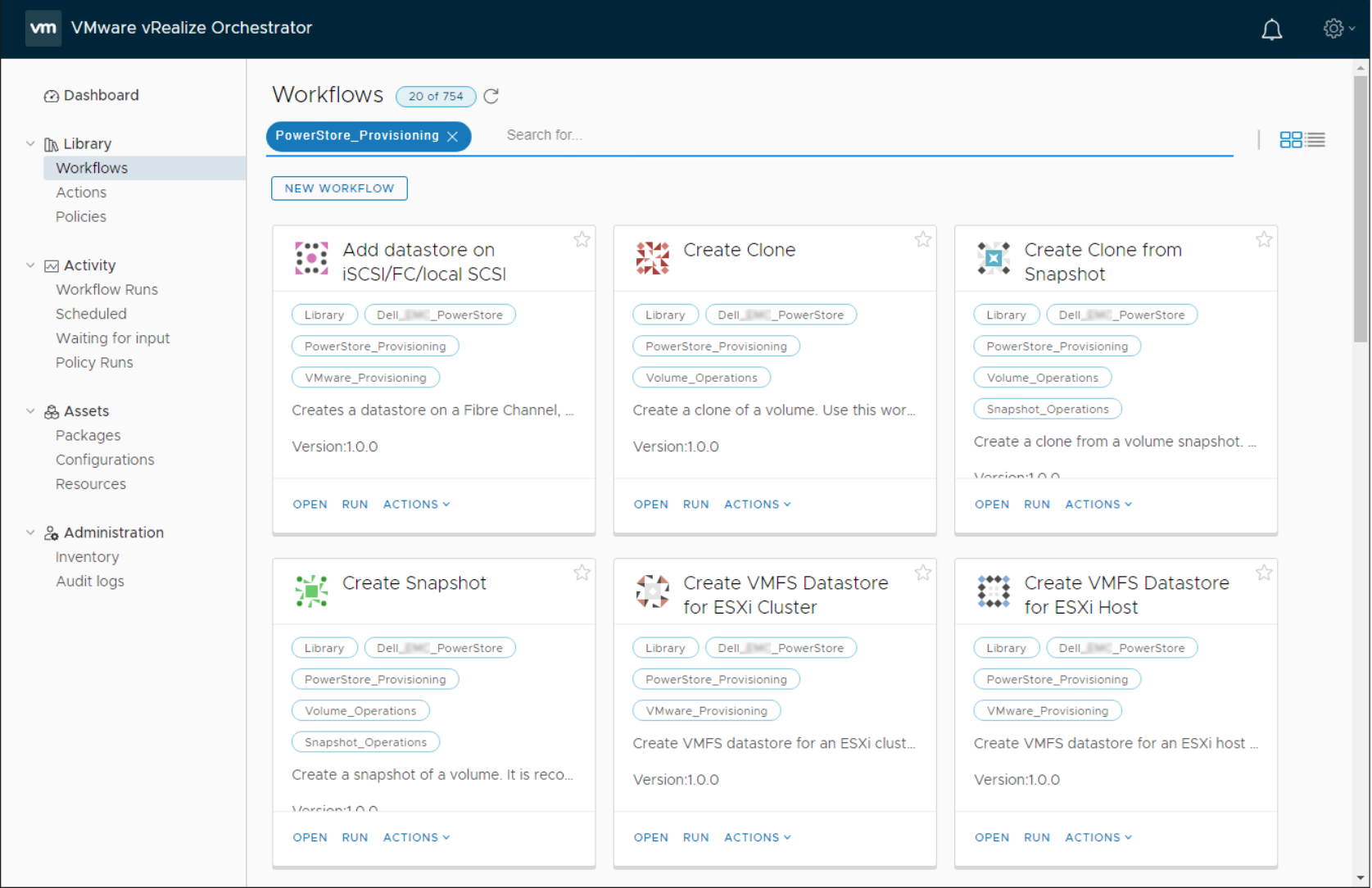 Menu of PowerStore workflows for VMware vRealize Orchestrator.