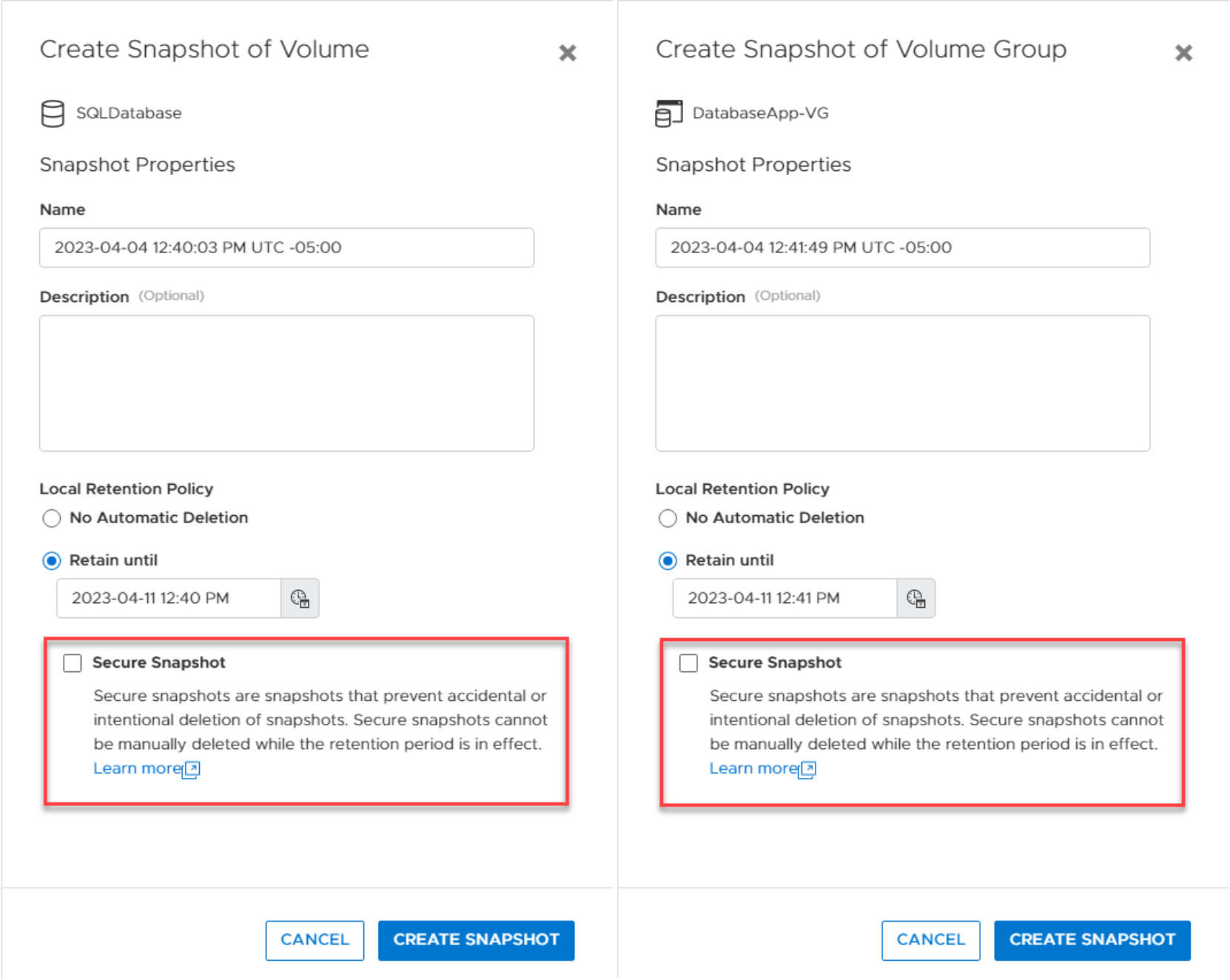 PowerStore Manager workflow to create a snapshot with the option to create a Secure Snapshot.