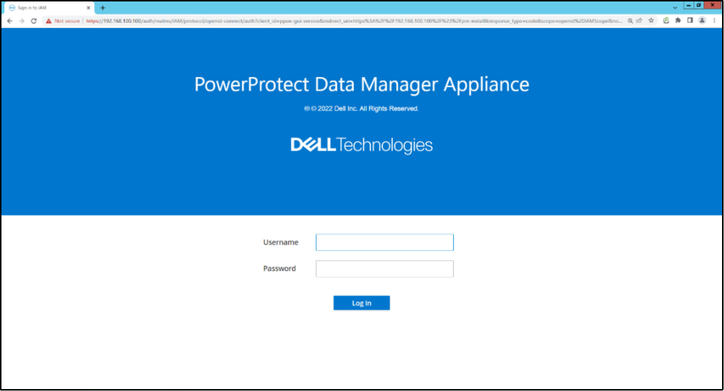 The images depicts the connection to the PowerProtect Data Manager Appliance UI from a web browser 