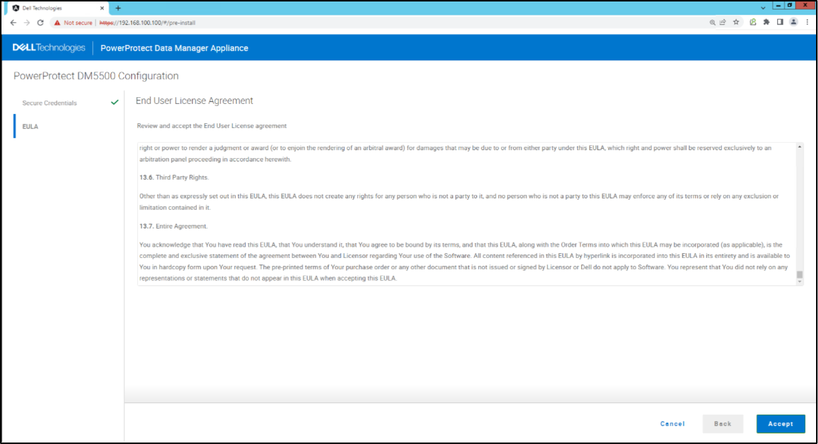 The image depicts the end user license agreement for the appliance.