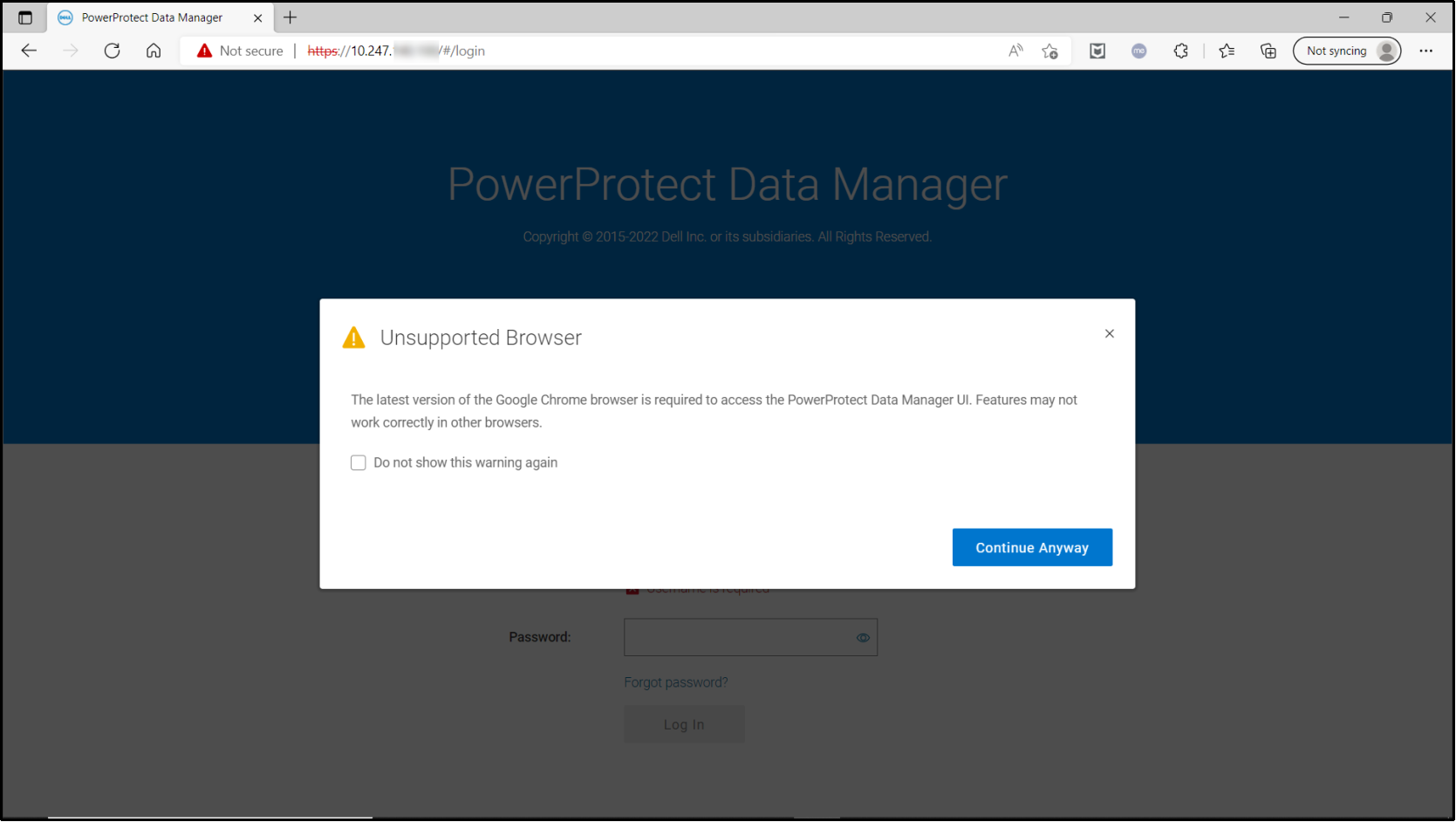 The image depicts a warning message when the PowerProtect Data manager Appliance is launched using an unsupported web browser.