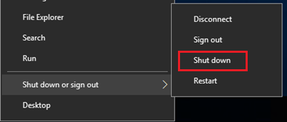 Screenshot showing the shut down option