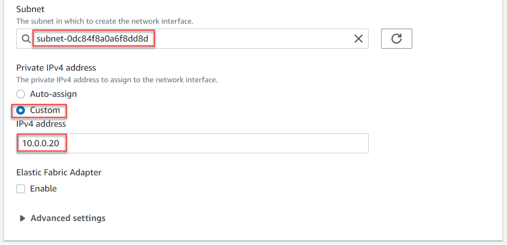 This figure shows the IP and subnet for first node's internal interface.