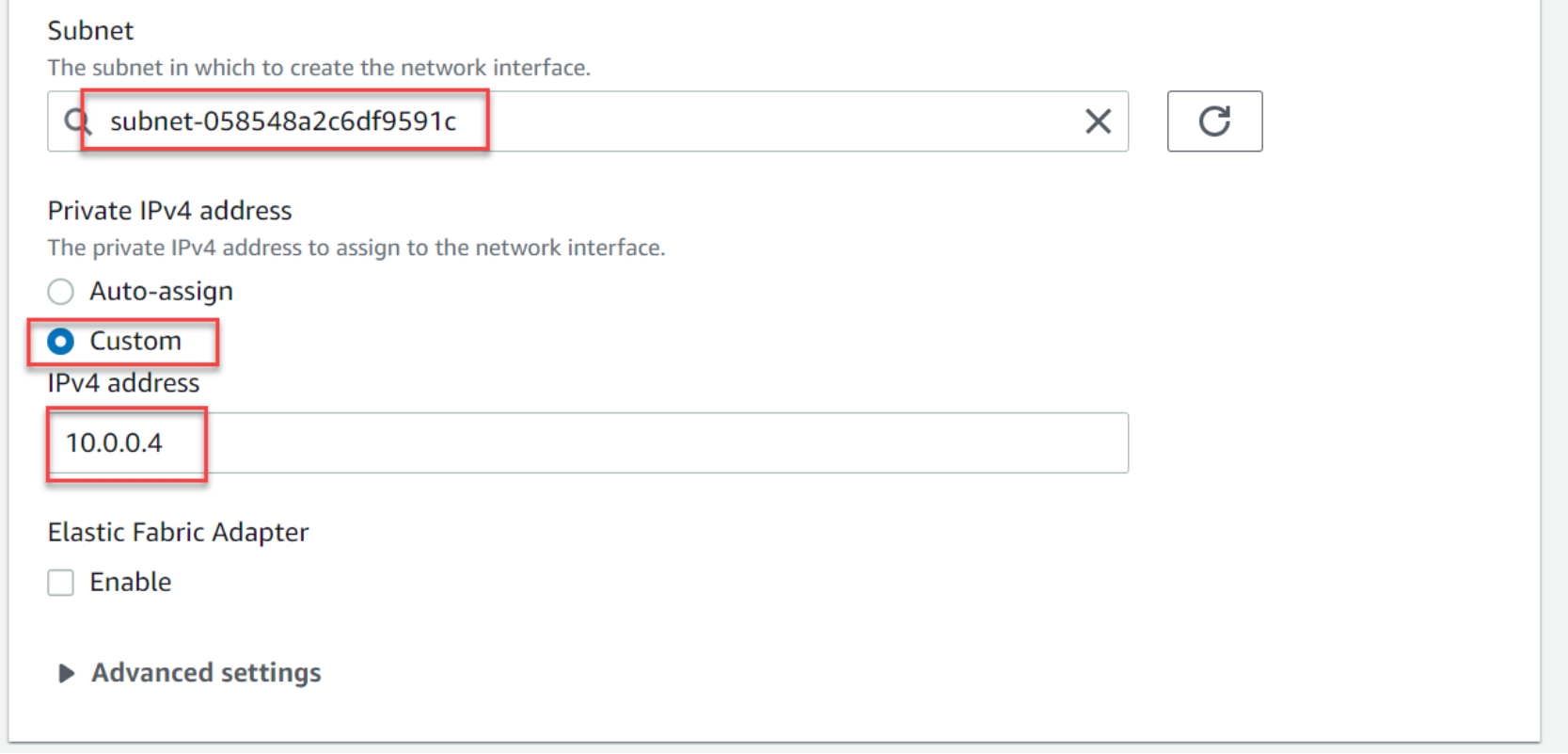 This figure shows the IP and subnet for first node's external interface.