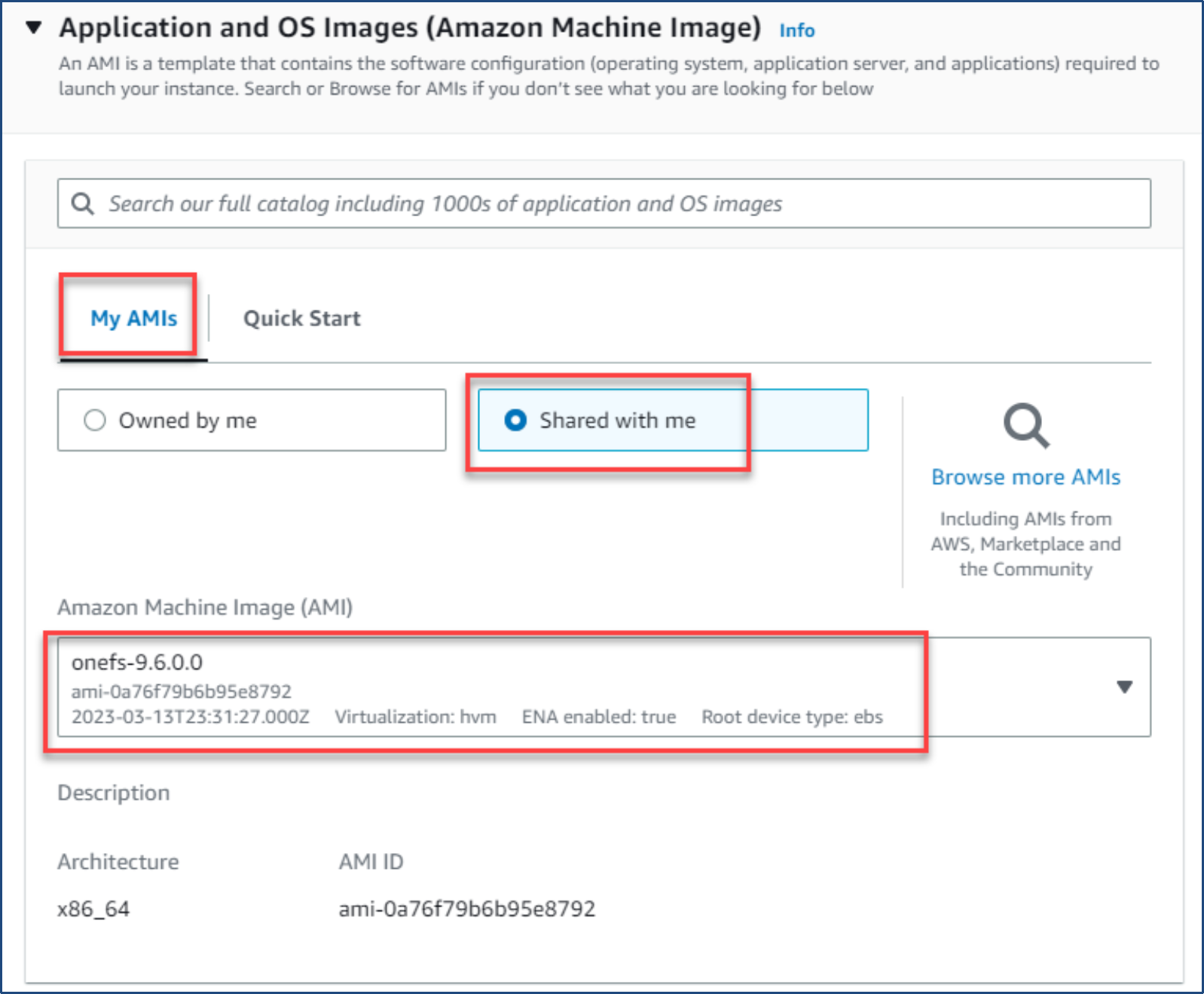 This figure shows how to find the shared OneFS AMI image.