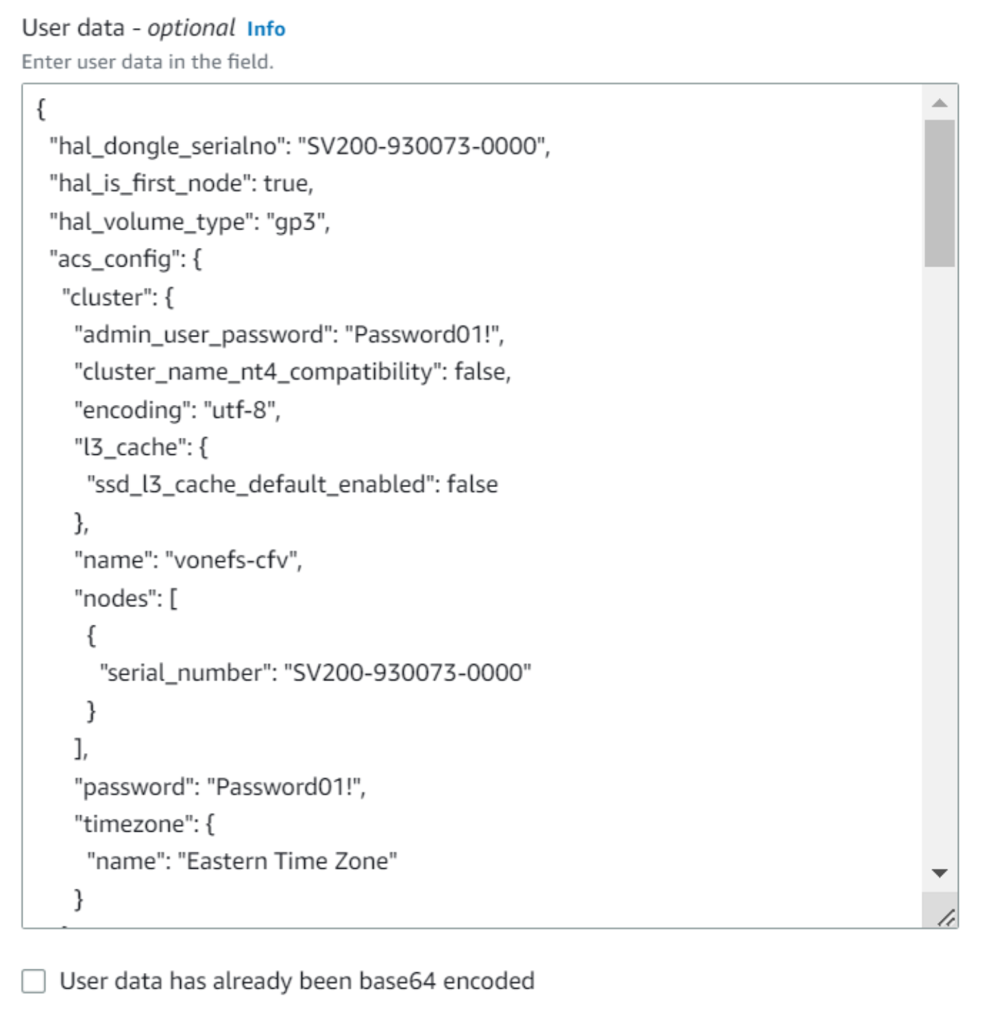 This figure shows the user data for the cluster first node.